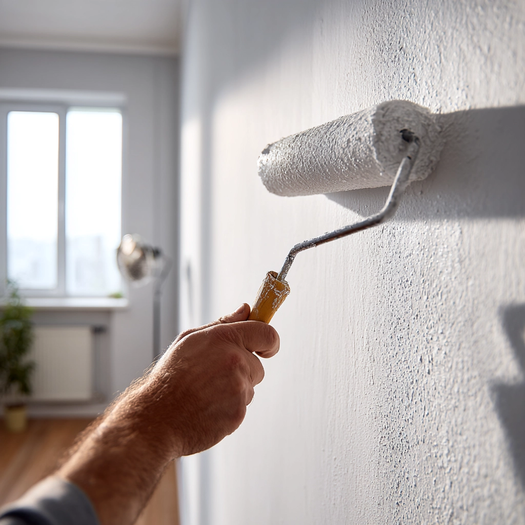 person applying paint on wall with roller in well ventilated room showing proper drying conditions