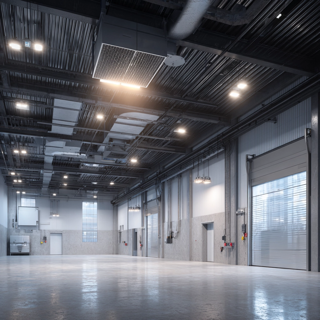 Garage interior with heating equipment used for estimating BTU heating requirements.